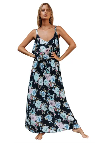 Chic Summer Boho Floral Maxi Dress in Black