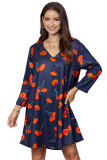 Blue Printed V-Neck Three Quarter Sleeve Loose Dress