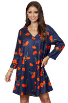 Blue Printed V-Neck Three Quarter Sleeve Loose Dress