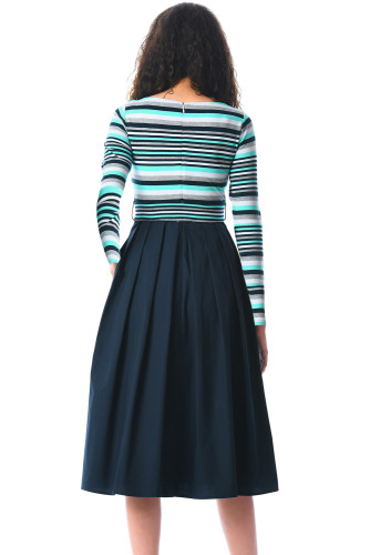Light Blue Striped Poplin Sash Tie Midi Dress
