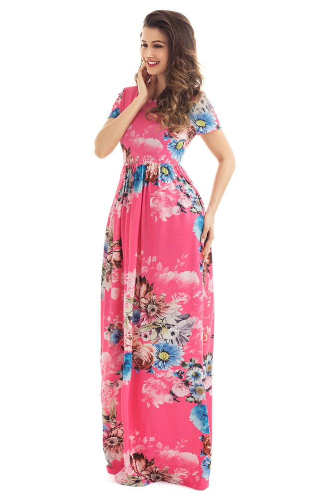 Pocket Design Short Sleeve Watermelon Red Floral Maxi Dress