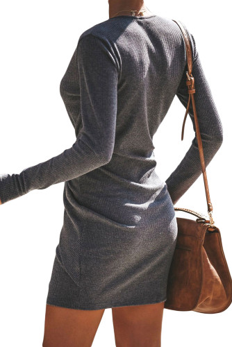 Gray Long Sleeve Ribbed Twist Mini Dress