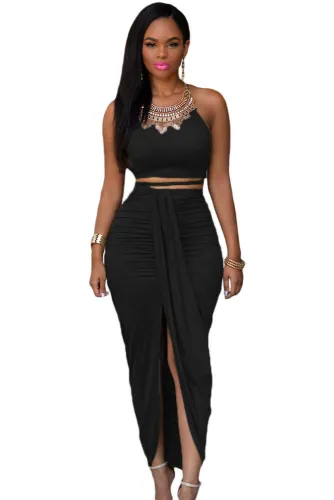 Black Cotton Two Piece Maxi Skirt Set