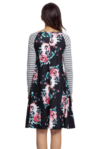 Black Floral Print Stripe Raglan Sleeve Dress