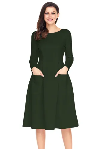 Olive Bateau Collar Casual Big Pocket Skater Dress