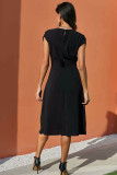 Chic V Neckline Buttons Design Black Midi Dress