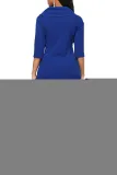 Blue Button Up Front Slit Sheath Midi Dress