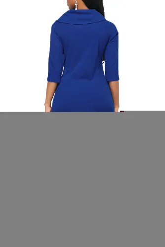 Blue Button Up Front Slit Sheath Midi Dress