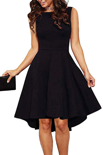 Black Sleeveless Boat Neck High Low Cocktail Skater Dress