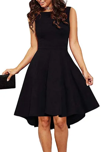 Black Sleeveless Boat Neck High Low Cocktail Skater Dress