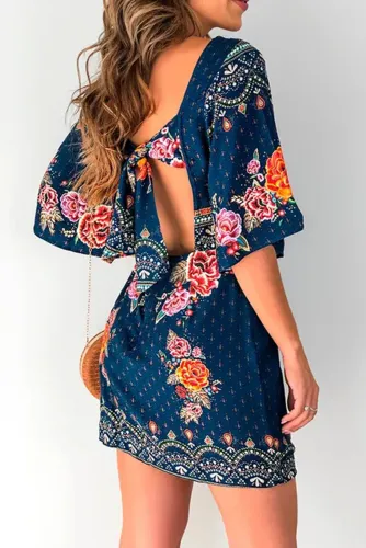 Blue 3/4 Sleeve Butterfly Floral Short Dress