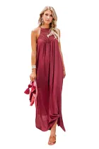 Red Crochet Detail Linen Sleeveless Maxi Dress with Slits