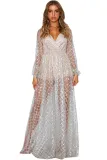 Silver Glittering Checked Pattern Sheer Gown