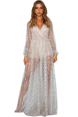 Silver Glittering Checked Pattern Sheer Gown