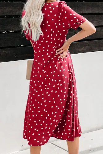 Red Polka Dot Buttoned Aside Midi Dress
