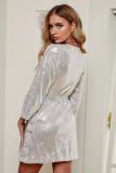 Silver Sequin Wrap Dress with Sash