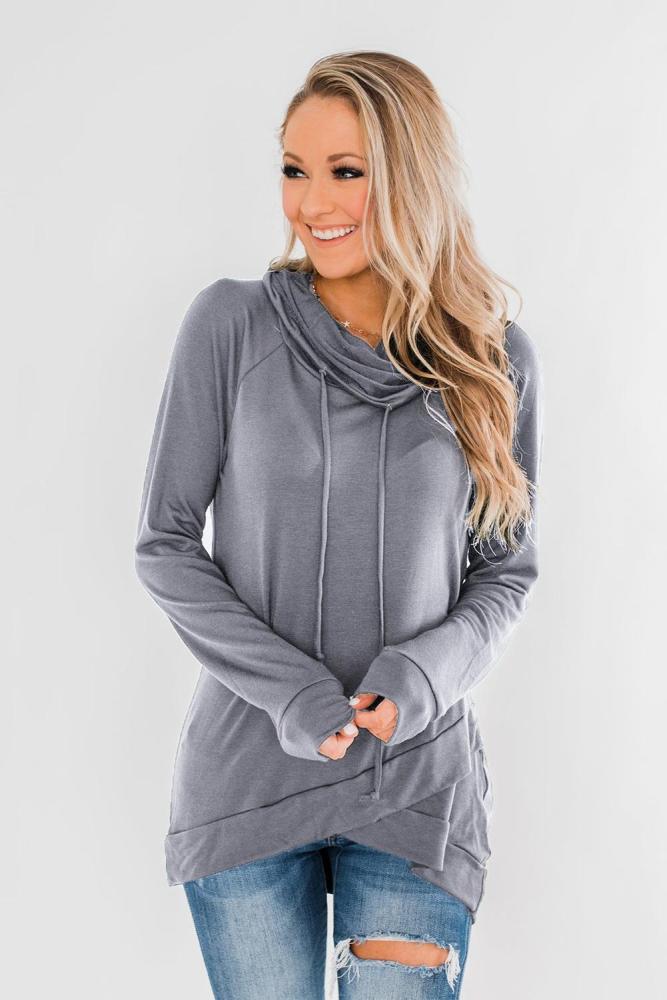 Gray Casual Cowl Neck Pullover Sweatshirt