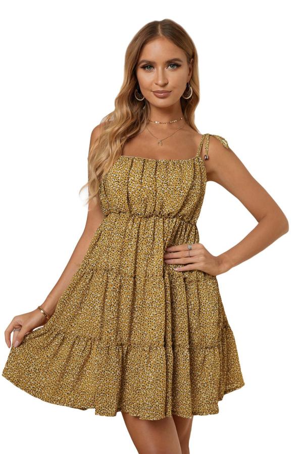 Yellow A-line Layered Ruffled Floral Dress