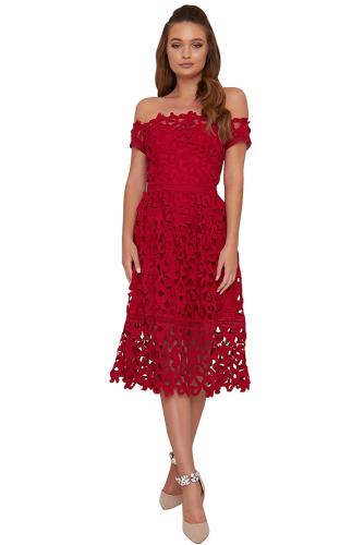 Red Off Shoulder Short Sleeve Crochet Party Dress