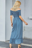 Blue Polka Dot Off Shoulder Split Maxi Dress