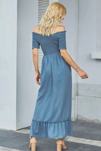 Blue Polka Dot Off Shoulder Split Maxi Dress