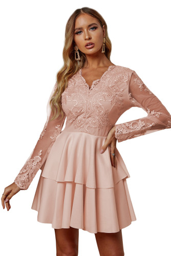 Apricot Sequin Embroidered Multilayer Skater Dress