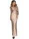 Apricot Long Sleeve V Neck Twist Ruched Sequin Party Maxi Dress
