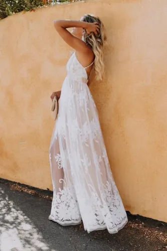 Deep V Neck Lace Wedding Party Maxi Dress