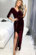 Red Deep V Neck Ruched Side Slit Party Velvet Dress