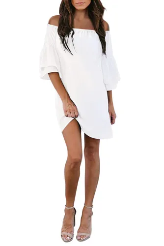 White Off Shoulder Ruffled Sleeve Shift Dress