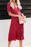 Red Polka Dot Buttoned Aside Midi Dress