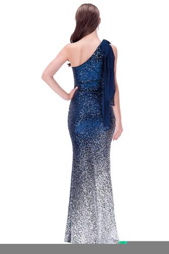 Blue Gradient One Shoulder Sequin Party Evening Dress