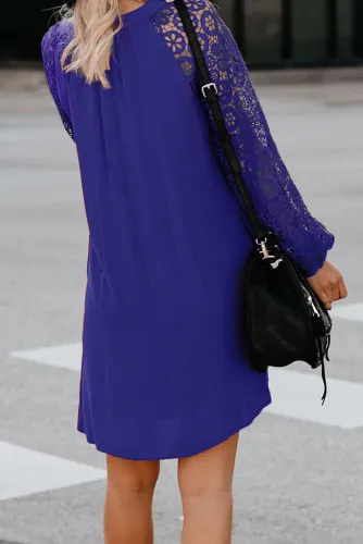 Blue Lace Long Sleeves Shift Above Knee Dress