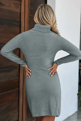 Gray Hand Knitted High Neck Sweater Dress