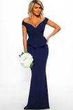 Blue Cross Over Peplum Maxi Dress