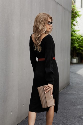Black Ribbed Midi Sweater Dress