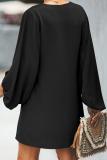 Black Buttoned-down V Neck Billowy Sleeve Shift Dress