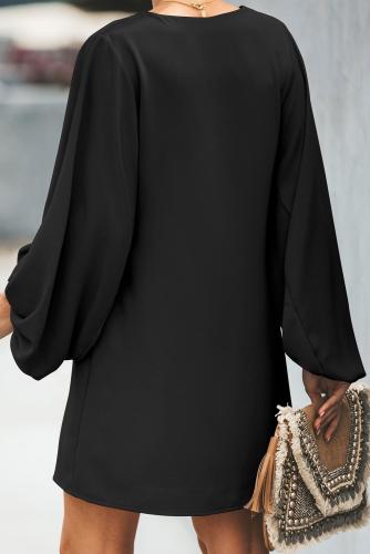 Black Buttoned-down V Neck Billowy Sleeve Shift Dress
