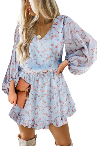Sky Blue V Neck Lantern Sleeves Floral Tunic Dress