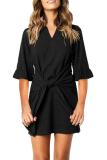 Black V Neck Ruffled Sleeves Waist Tie Mini Dress