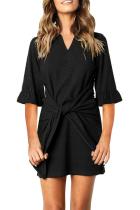Black V Neck Ruffled Sleeves Waist Tie Mini Dress