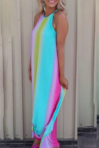 Multicolor Tie Dye Halter Neck Sleeveless Maxi Dress