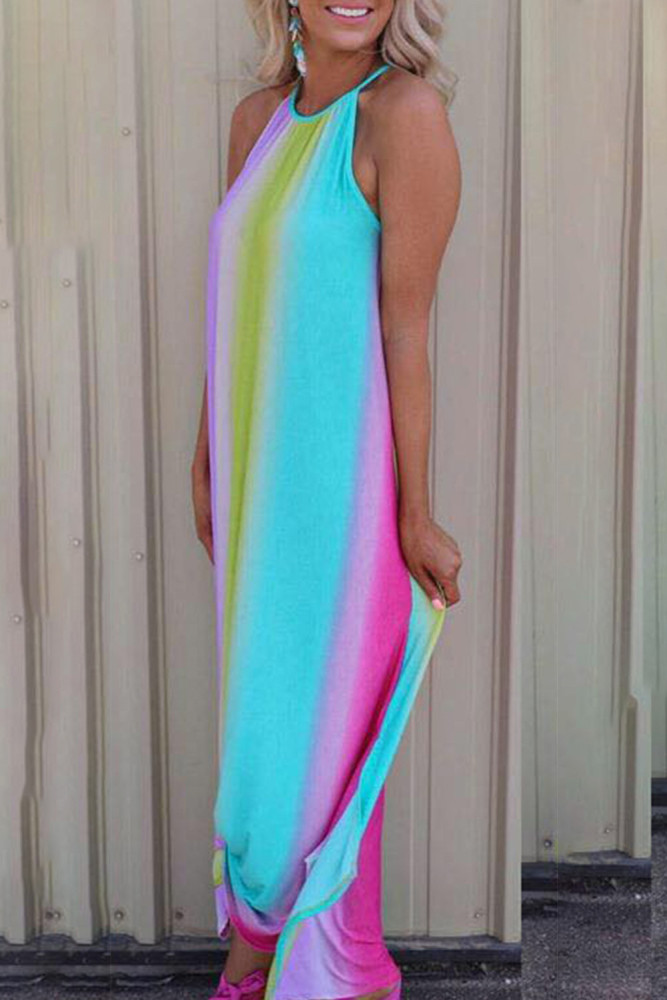 Multicolor Tie Dye Halter Neck Sleeveless Maxi Dress