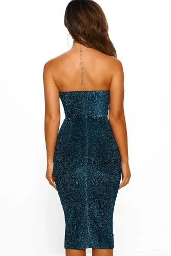 Blue Luxe Glam Knot Front Bandeau Midi Dress