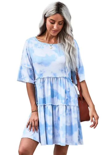 White Crew Neck Tie Dye Half Sleeve Dress