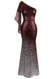 Red Gradient One Shoulder Sequin Party Evening Dress
