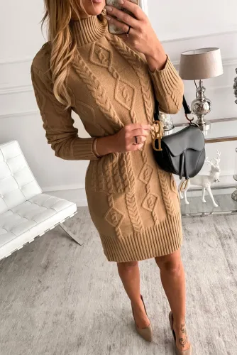 Brown High Neck Textured Bodycon Sweater Dress