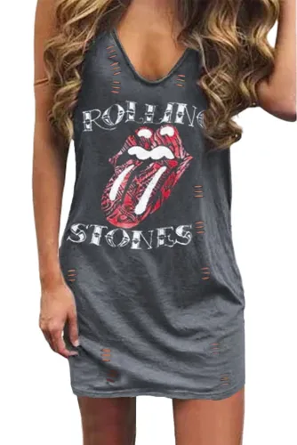 Gray Casual ROLLING STONES V Neck Cotton Dress