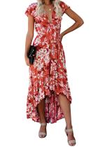 Red Floral High Low Pocketed Tie Maxi Dress