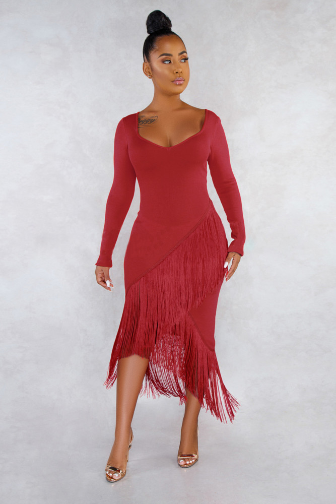 Red Glove Sleeves Fringed High-low Midi Dress
